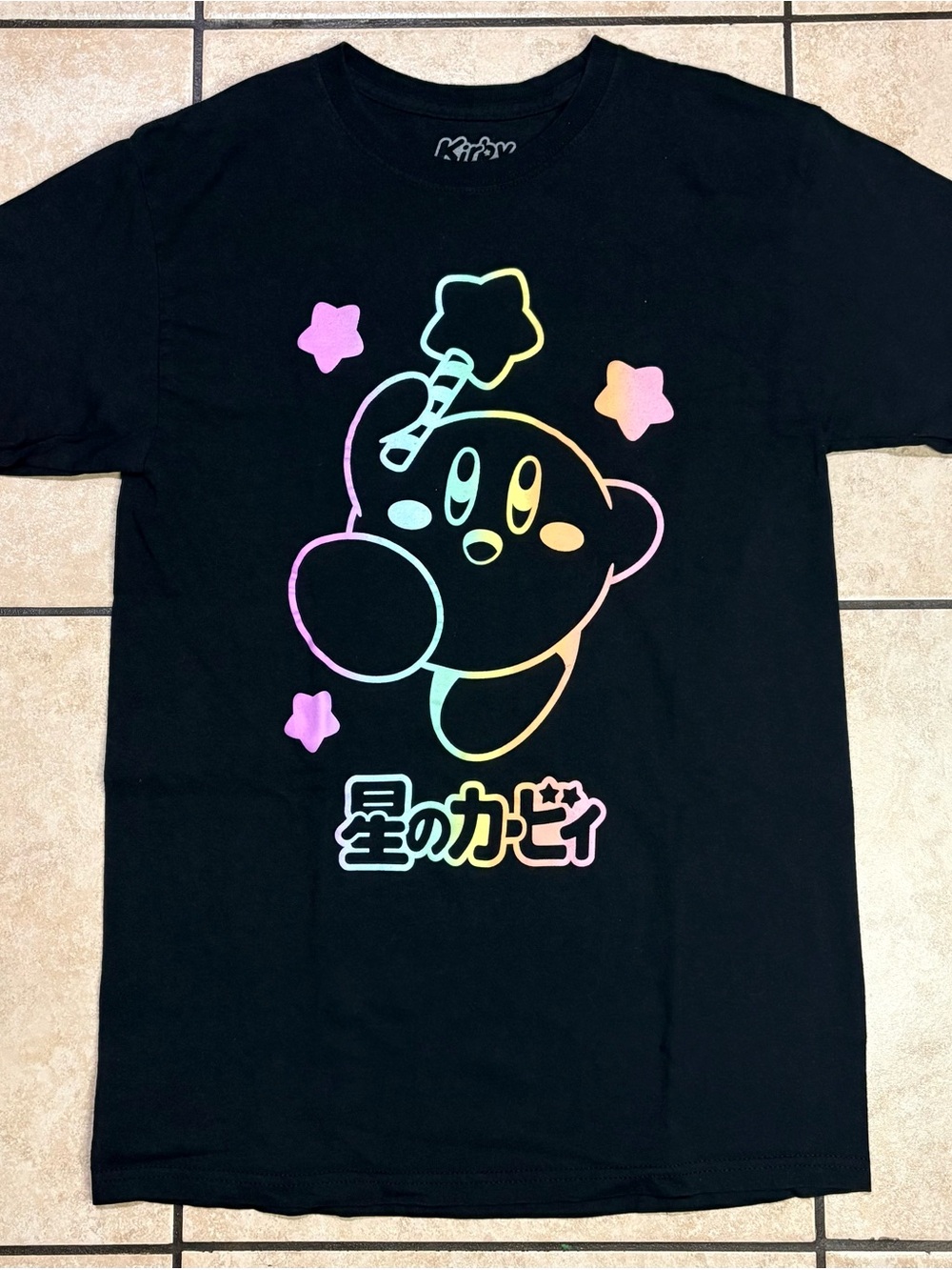 Nintendo Black T‑Shirt with Pastel Rainbow Kirby Graphic